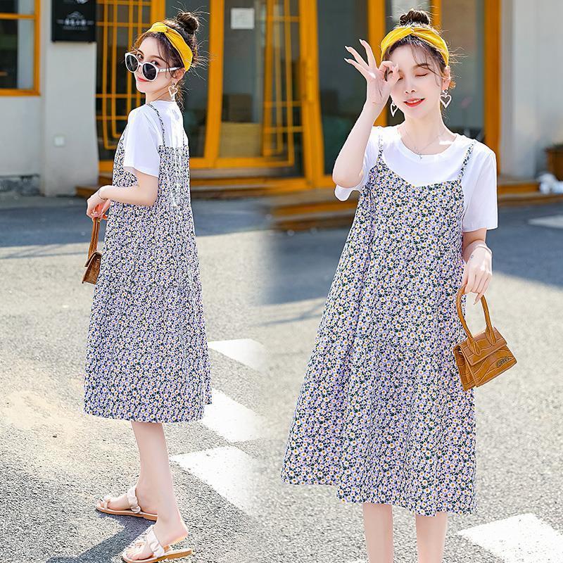Pregnant Women's Dress Summer Loose Fashion New Short-sleeved Women's Casual Floral Long Dress Doll Collar Maternity Dress Summer