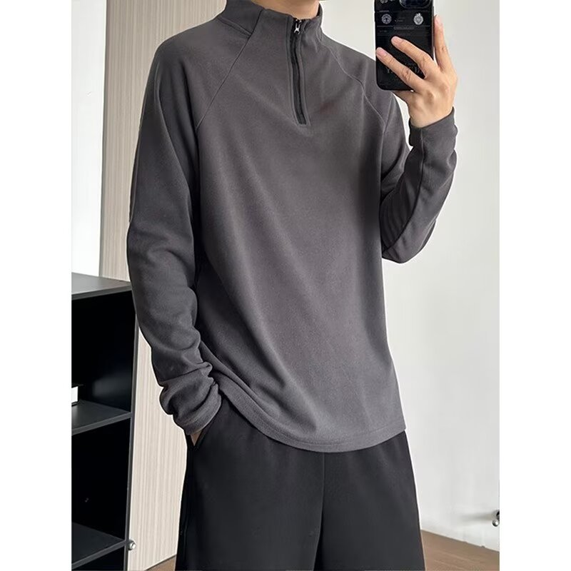 다크 그레이 반 지퍼 양털베이스 셔츠 남자의 가을과 겨울 피트니스 훈련 옷 반 높은 칼라 내부 미국 긴 소매 티셔츠