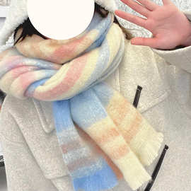 彩虹渐变色仿羊绒围巾女日系温柔百搭格纹披肩秋冬韩版保暖围脖潮