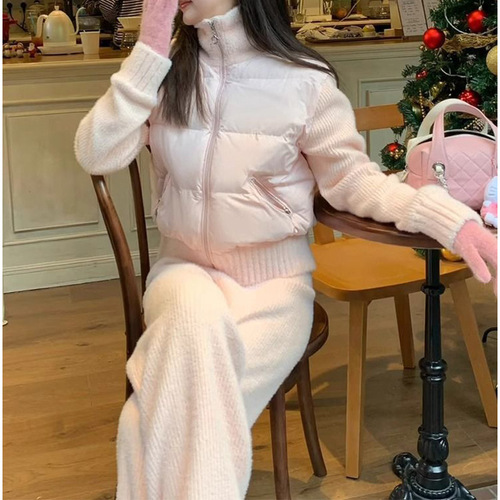 Korean-style designer knitted patchwork cotton-padded coat, women's autumn/winter new arrival stand-collar loose short top.