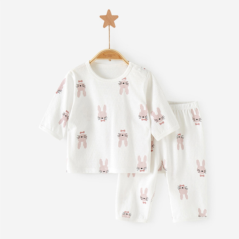 Pure Cotton Seamless Baby Air-Conditioning Clothing Set, Summer Thin Two-Piece Set for Boys and Girls, Separate Infant Clothing, Cute