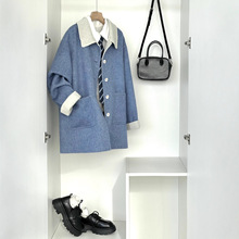 蓝色赫本风毛呢外套女秋冬季新款中长款宽松气质羊毛大衣HL122