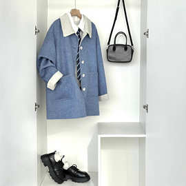 蓝色赫本风毛呢外套女秋冬季新款中长款宽松气质羊毛大衣HL122-1