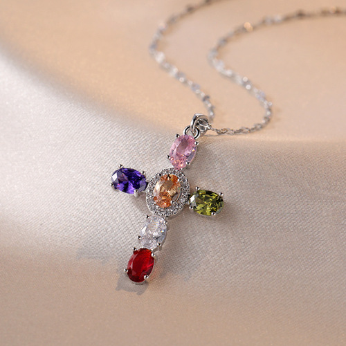 Necklace for women cross-border ins retro cross zircon bright versatile color light luxury personality niche clavicle chain