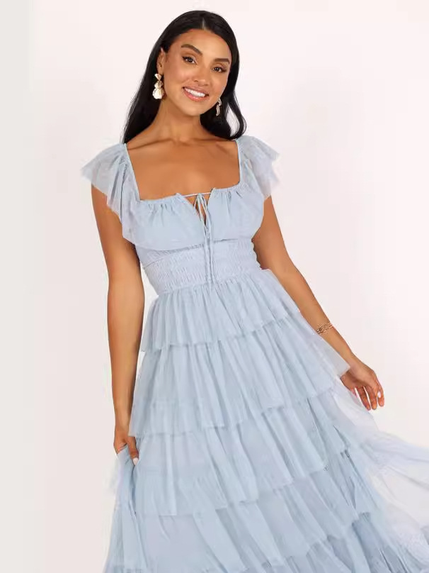Nuevo traje europeo y americano transfronterizo de mujer TUL azul volantes fiesta vestido largo sexy