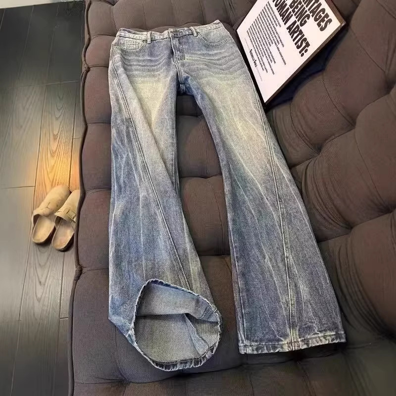 American-Style Washed Lightning-Patterned Diagonal-Cut Jeans for Men and Women, Trendy and Stylish, Slim-Fit High Street Fashion Brand, Slightly Flared Vibe Pants American-Style Washed Lightning-Patterned Diagonal-Cut Jeans for Men and Women, Trendy and Stylish, Slim-Fit High Street Fashion Brand, Slightly Flared Vibe Pants