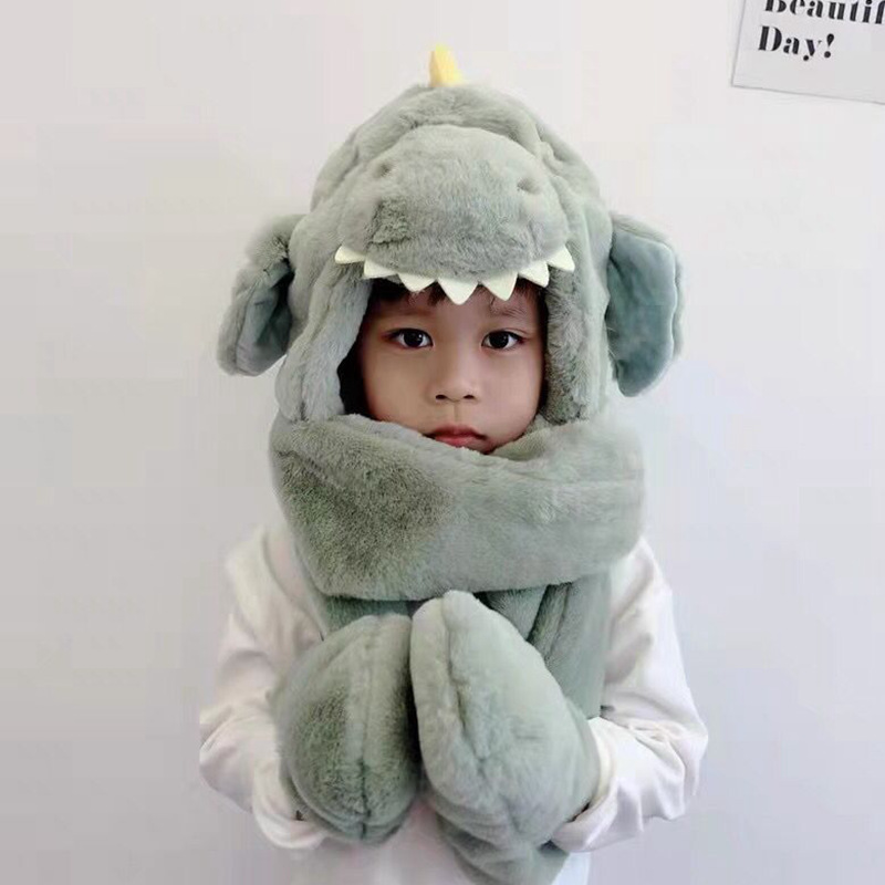 Sombreros infantiles bufandas guantes en invierno lindo dinosaurio para niños y niñas bebés protectores de oídos a prueba de viento con tres piezas engrosadas