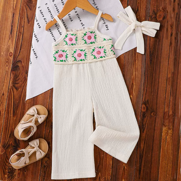 Cross-Border Exclusive Supply - Sweet Style Girls' Crochet Strap Jumpsuit, Summer Floral Embroidered Wide-Leg Pants for Babies, Breathable