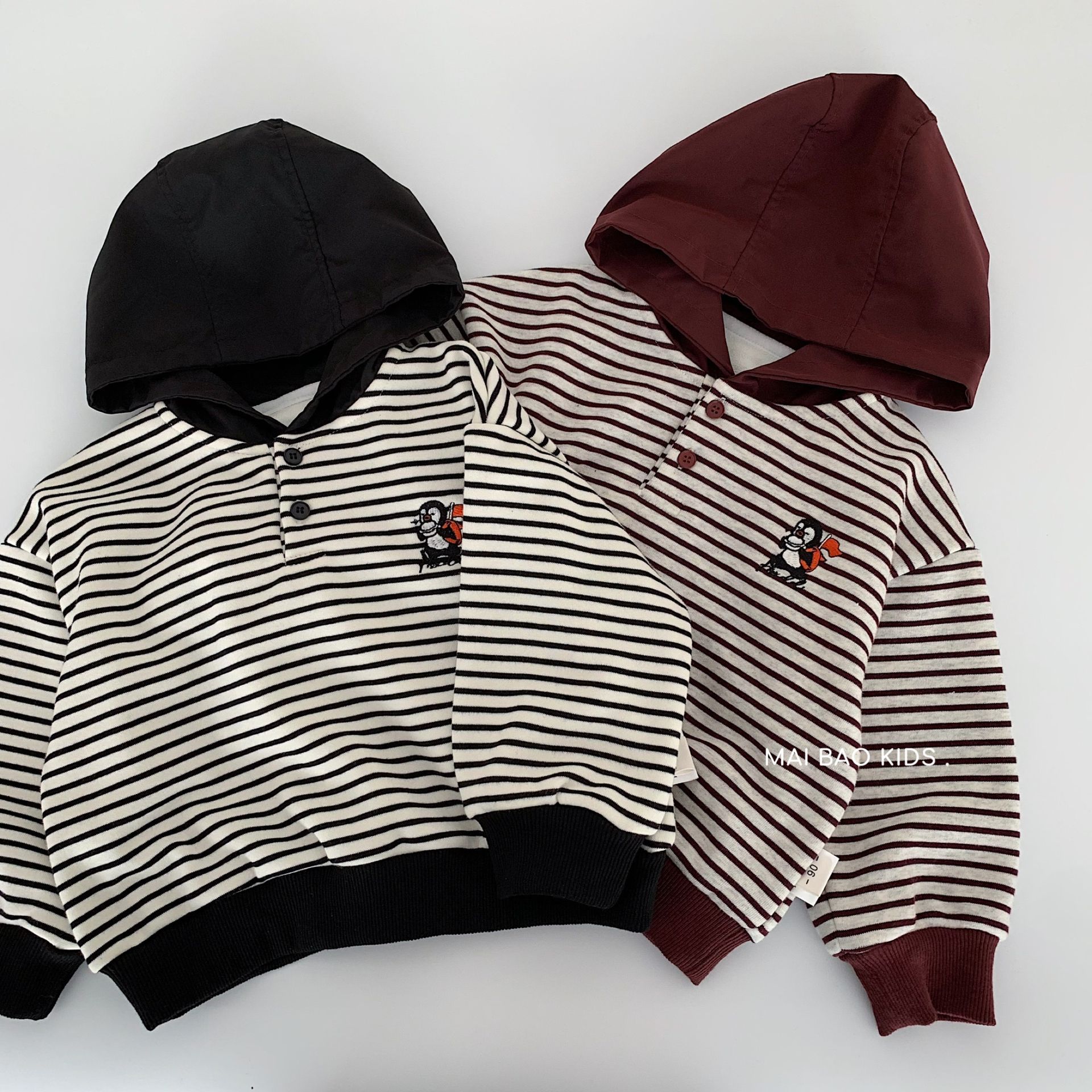 麦宝儿童加绒连帽卫衣2025冬季新款男女童条纹洋气套头衫宝宝冬装
