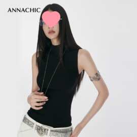 ANNACHIC四季万能/黑色半高领无袖针织上衣背心女夏外穿修身T恤