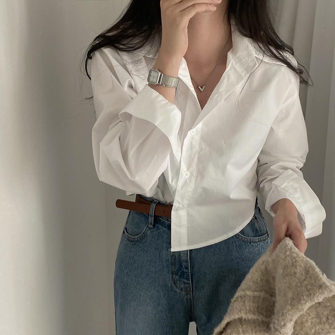 韩国chic复古洋气翻领时尚百搭设计感小众单排扣衬衫夏短款上衣女