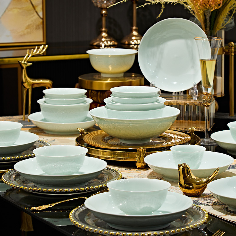 Jingdezhen High-End Song-Style Aesthetic Celadon Tableware Set, New Household Bowl and Plate Set, Chinese-Style Housewarming Gift