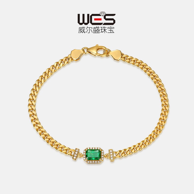Welson Cross-border New S925 Silver Ice Flower Cut High Carbon Diamond Bracelet Women's 10K Gold Emerald Bracelet European and American Style