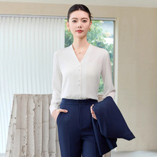 白色衬衫女长袖职业装气质工作服V领上衣打底衬衣百搭套装正装