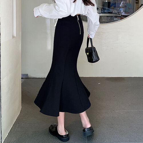 Black denim half skirt for women, summer new arrivals, small size medium-length dress, high-waisted slimming A-line fish-tail and hip-grazing skirt