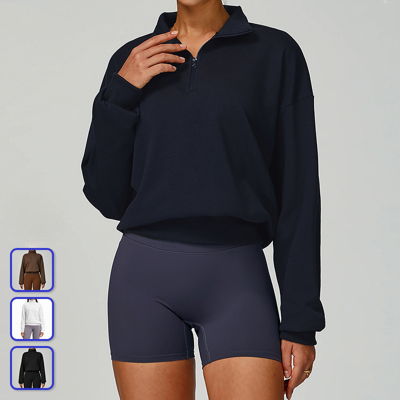 In-Stock Cross-Border Autumn and Winter Zip-Up Sweatshirt, Casual Loose Warm Versatile Sweatshirt for Women, Running and Fitness Sportswear 2040