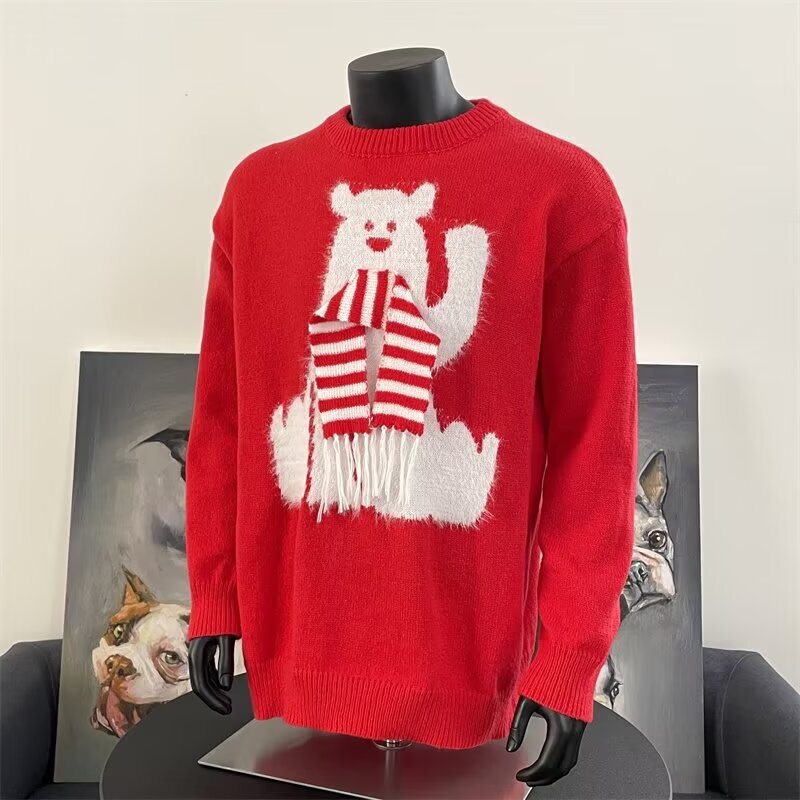 Red Round-Neck Pullover Christmas Sweater for Men and Women, Autumn and Winter Lazy Style Polar Bear Couple's New Year's Knitwear