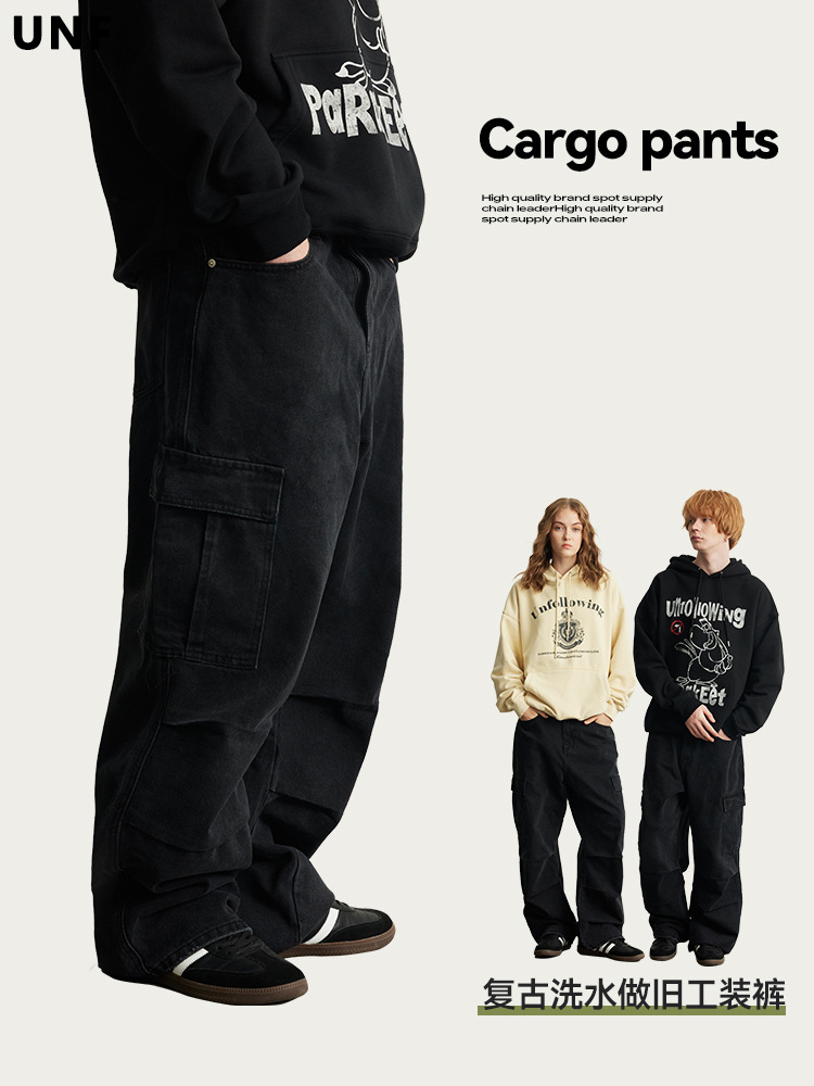 Pantalones cargo estilo americano UNF para hombre, otoño-invierno 2024, nuevos, lavados, vintage, multibolsillos, holgados, de marca original, jeans de moda.