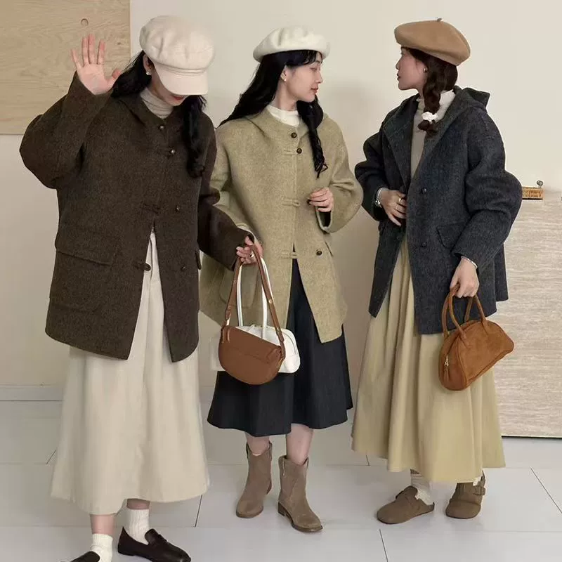 Net Red Fat 2024 осень и зима новая шерстяная куртка корейская версия свободная короткая маленькая шерстяная куртка с капюшоном