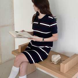 春夏学院风polo领全棉条纹针织连衣裙女撞色翻领短袖T恤裙子批发