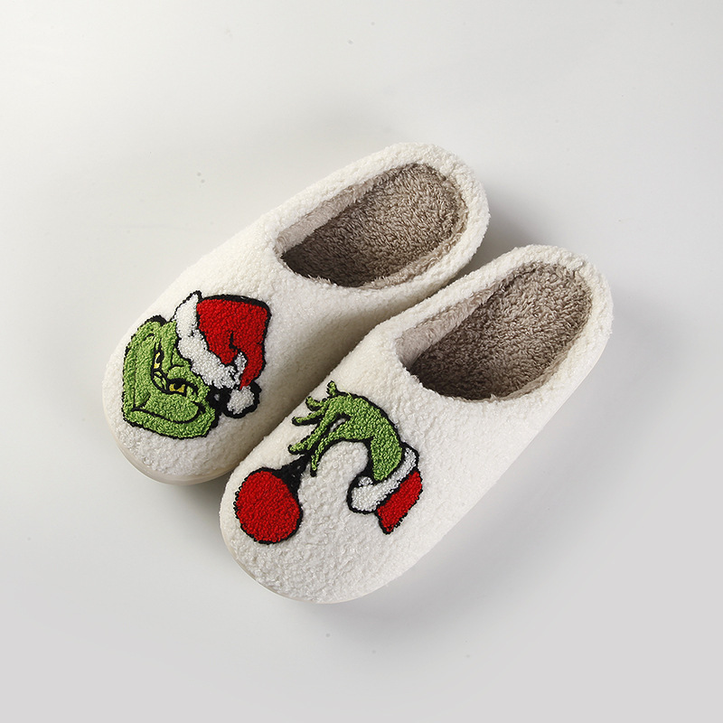 New Home Christmas Grinch Warm Winter Cotton Slippers Couple Men's and Women's Thick Sole Soft Sole Shoes Thick Non-Slip Cute