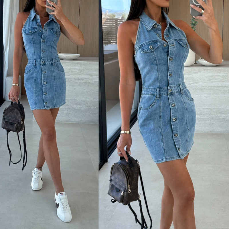 Summer 2025 Single-breasted European and American-style lapel sleeveless waist A- shaped fashion Denim dress women's clothing 89110 Summer 2025 Single-breasted European and American-style lapel sleeveless waist A- shaped fashion Denim dress women's clothing 89110