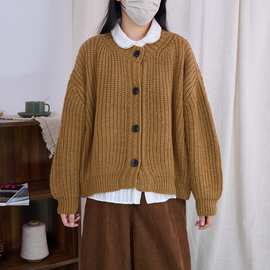 大码慵懒风软糯毛衣羊毛开衫女胖mm粗棒针圆领针织外套内搭
