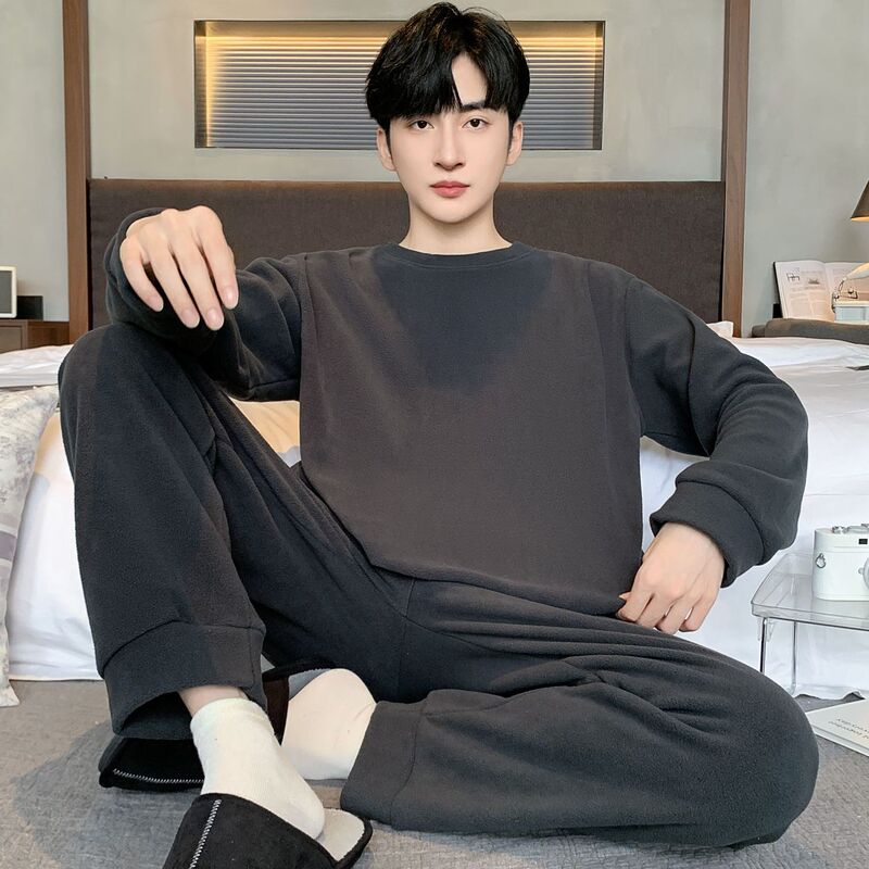 Polar Fleece Pajamas Men's Suit Autumn and Winter Thickened and Warm Teenage Boys Home Clothes for Outdoor Wear