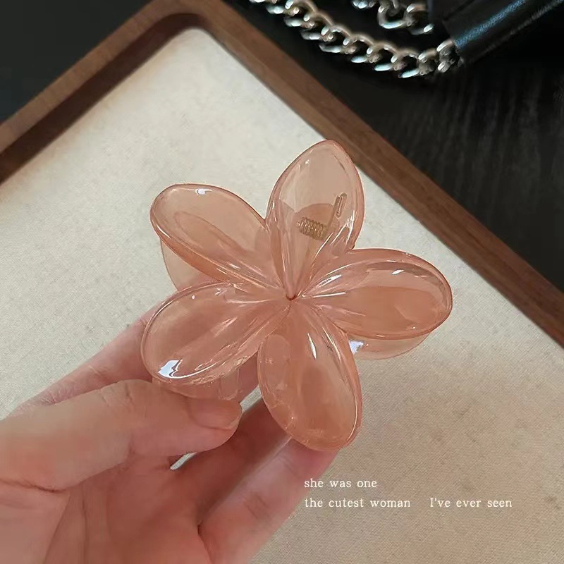 Nuevo color frangipani acrílico pinza para el cabello flor pinza de agarre de alta calidad elegante accesorio para el cabello de mujer pinza de tiburón de agarre lateral
