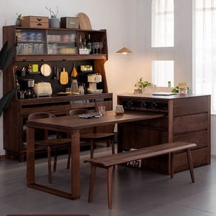 Black walnut wooden island table dining table integrated retractable household rock plate Middle Island table separate kitchen cabinet solid wood bar counter