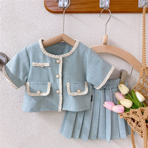 Korean style girls' little fragrance suit 2024 summer new style baby girl's temperament short-sleeved top pleated skirt two-piece set