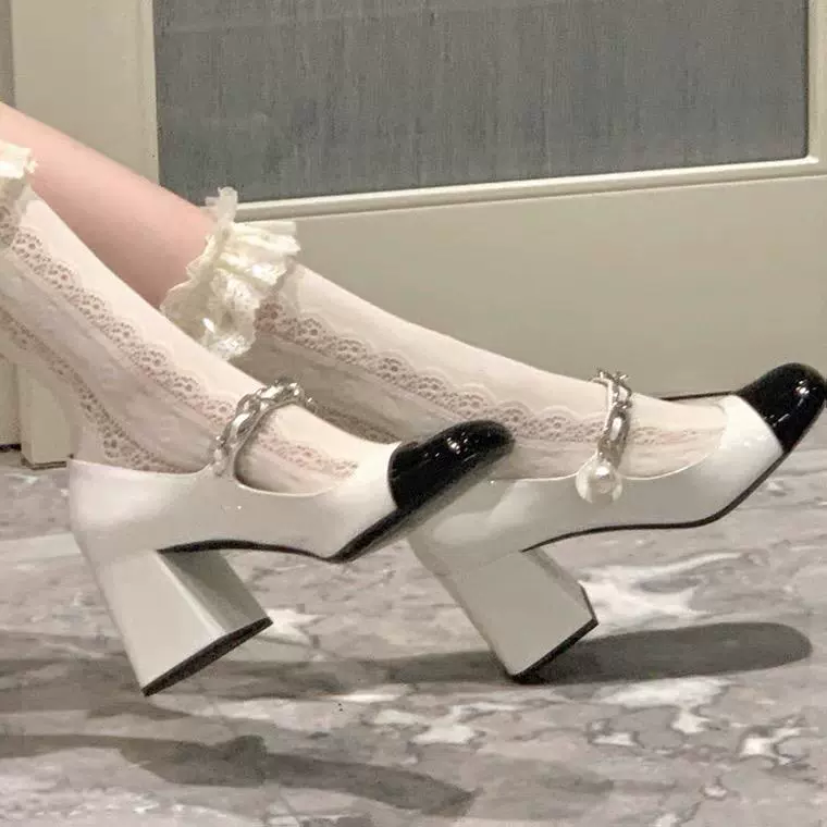 Туфли Мэри Джейн в стиле твид с квадратным носком, черно-белые, в стиле колор-блок, на массивном каблуке, весна-осень 2025, новые, с цепочкой, для женщин