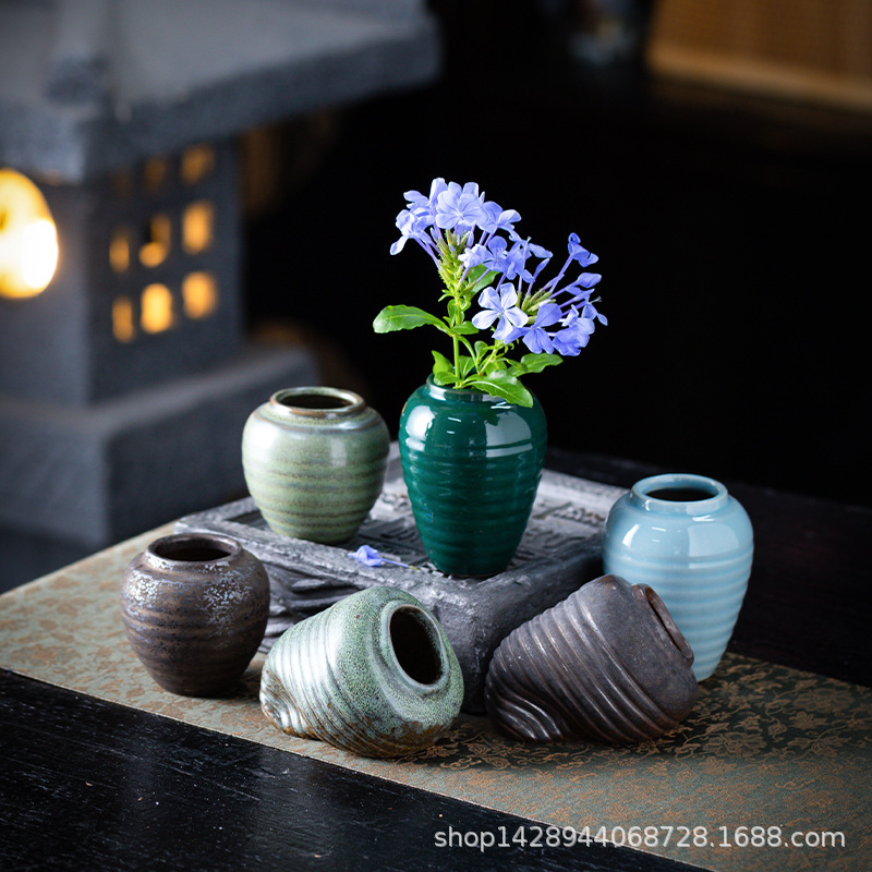 Creative Retro Stoneware Small Flower Vessel Zen Hydroponic Flower Arrangement Dried Flower Japanese Vase B&B Living Room Indoor Small Ornaments