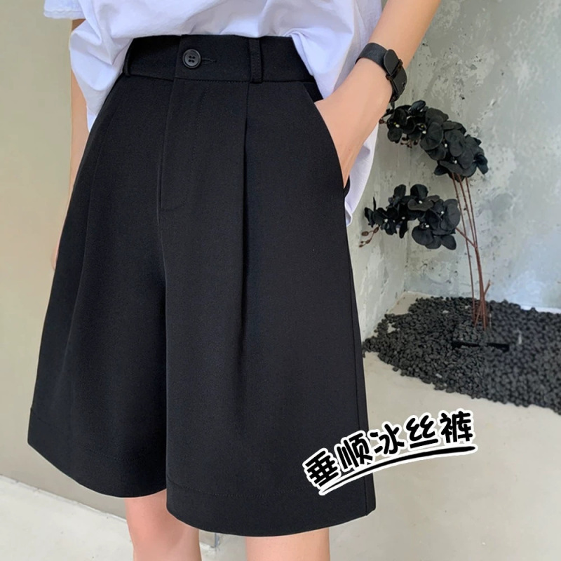 Black High-Waisted Slim-Fit Casual Shorts for Women, Summer Wear, Petite Size, Ice Silk, Plus Size, A-Line, Five-Point Length