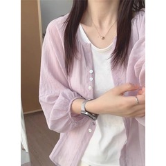 リネン日焼け止めシャツジャケット女性の薄い夏カーディガンアウタールーズ長袖シャツショートトップ