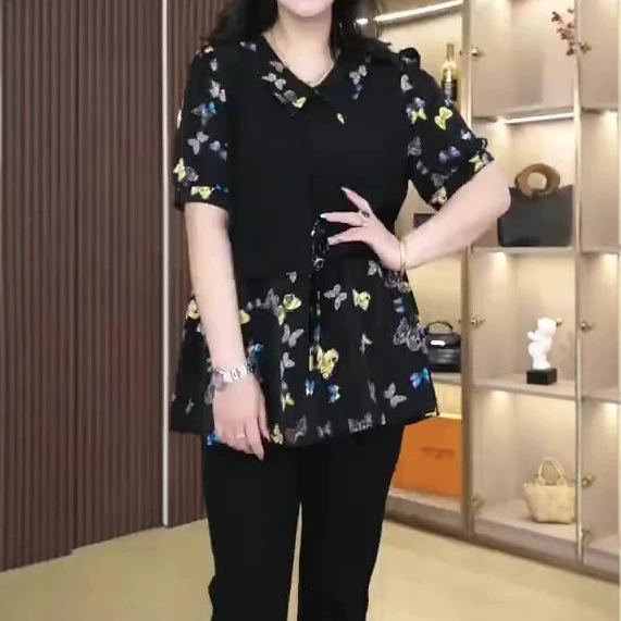 Летняя новая модная печать легкая роскошная шифоновая рубашка с лацканным верхом