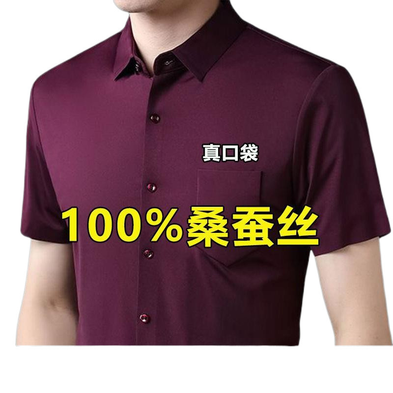 ピエールカルダンマルベリーシルク半袖 Tシャツシャツメンズソリッドラペルアイスシルクリアルポケットシルク裏地卸売|undefined