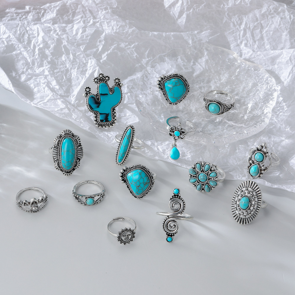 Cactus, Leaf Pattern Women's Gender 14 Pieces 1 Set 4 Pieces Cactus Leaf Rings Alloy December Birthstone Turquoise Turquoise Women's Hip-Hop Retro Rings