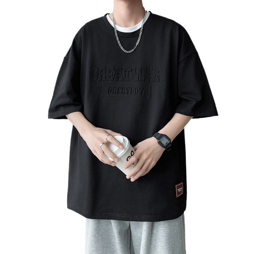 Summer Men's Short Sleeve T-Shirt Hong Kong Style Instagram Trendy Fashion Versatile T-Shirt Crew Neck Loose Plus Size Five-Finger Sleeve Trendy