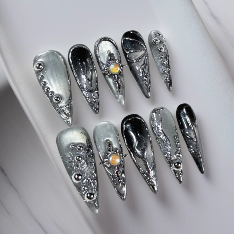 European and American Sweet and Cool Hot Girl Long Pointed Manicure Metal Stereo Magic Mirror Powder Hand-Painted Pure Handmade Wearable Manicure Pure Handmade Manicure