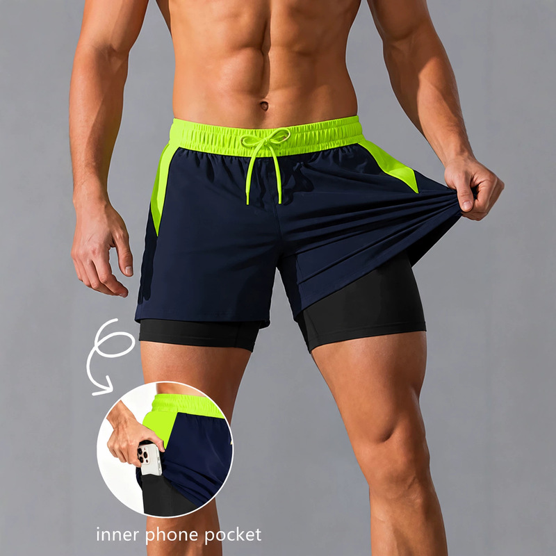 New cross-border men's double-layer color-blocking sports shorts for sports, swimming, fitness, breathable, quick-dry training pants New cross-border men's double-layer color-blocking sports shorts for sports, swimming, fitness, breathable, quick-dry training pants