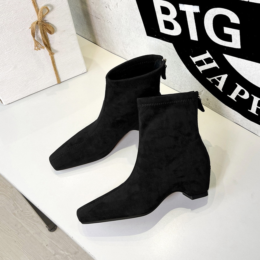 2323-1 Vintage British Style Square-Toed Ankle For Women, Suede, Back Zipper, Height-Increasing, Fashionable Stretch_vogvips.com