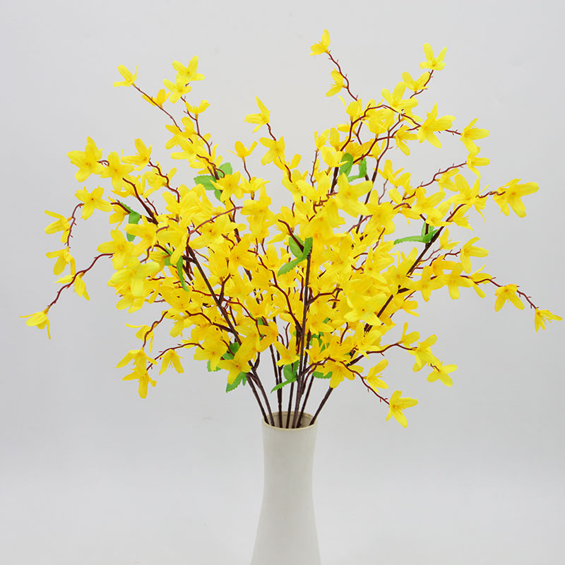Flores artificiales, ramo de forsythia de 7 ramas para decoración de exteriores, arreglos florales, flores falsas para el hogar, flores de seda, flores al por mayor