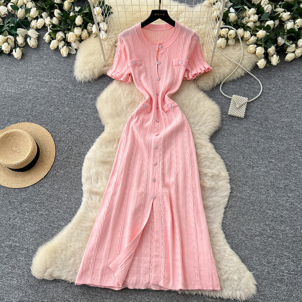 Women's Clothing Elegant Knit Tweed Dress With Front Buttons And Short Sleeves For Women_ecoleips.com