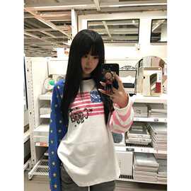 小众设计感长袖国旗印花T恤女春秋新款圆领撞色百搭学生上衣跨境