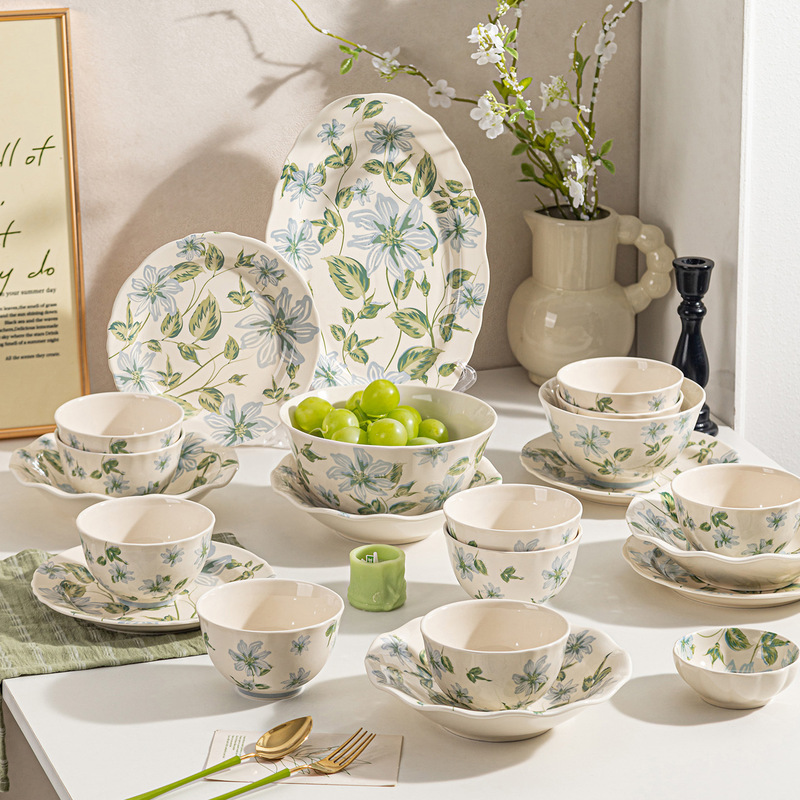 Blue and Green Ceramic Dinnerware Set Wholesale Floral High-Value Bowls Fresh Style Dinner Plates Housewarming Home-Use Bowls and Plates Blue and Green Ceramic Dinnerware Set Wholesale Floral High-Value Bowls Fresh Style Dinner Plates Housewarming Home-Use Bowls and Plates
