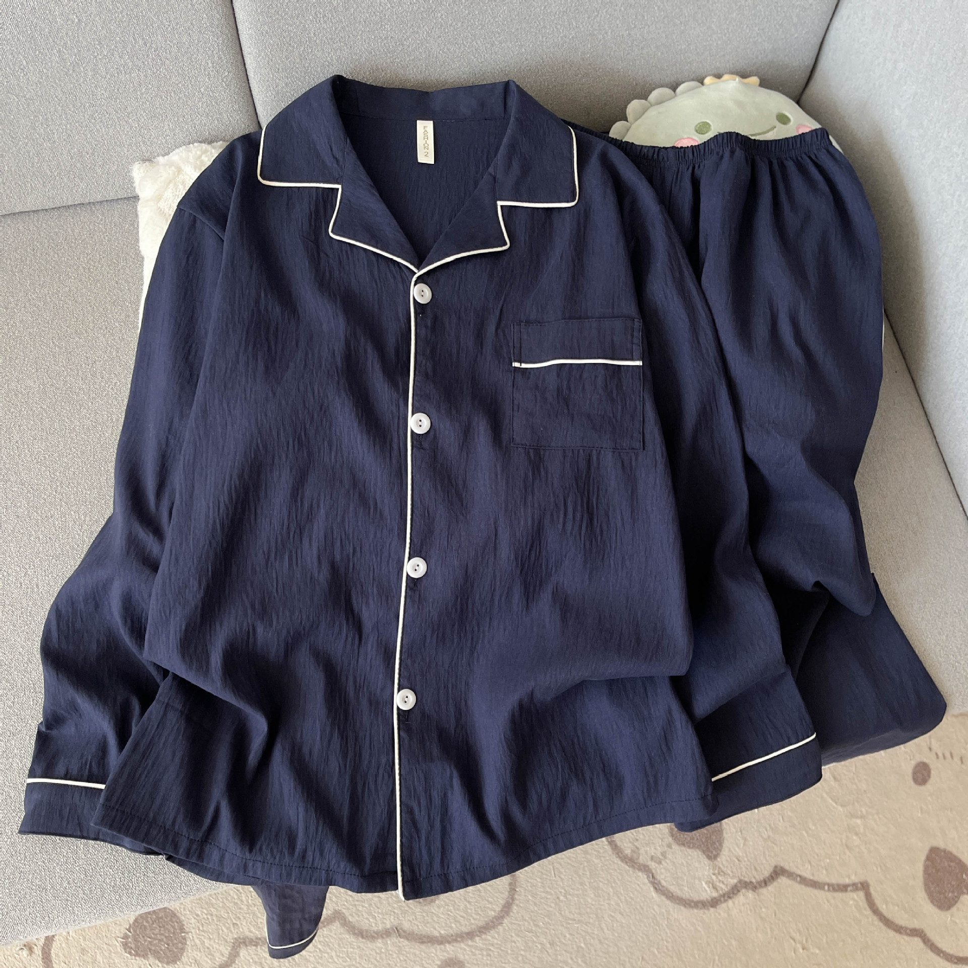 新款云朵棉男士睡衣春秋翻领开衫长袖长裤简约休闲大码家居服套装