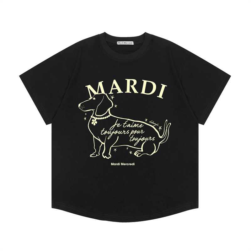 韓国マルディ Tシャツダックスフントレタープリントルーズカジュアルラウンドネック半袖 Tシャツトップ女性用