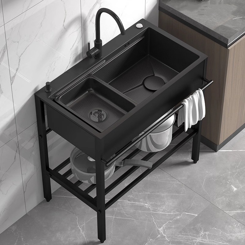 lavabo de platos doméstico de piso integrado con lavabo de platos de acero inoxidable estampado en relieve de panal de abeja de gran ranura única de lavabo de cocina
