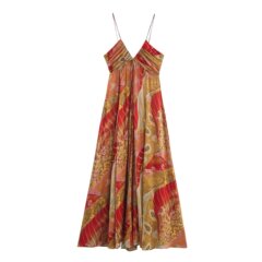 国境を越えた外国貿易卸売 2025 夏の婦人服ヨーロッパとアメリカンスタイルのプリーツプリントミディサスペンダードレス女性用